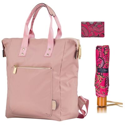 Ladies Backpack, Umbrella, Card holder Combo Set - Pink