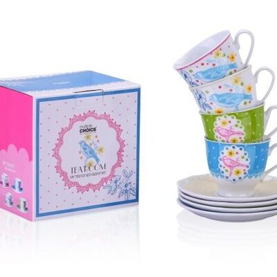 El juego de 4 tazas con platillos, Floral Birds, porcelana.