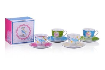 Le set de 4 tasses avec soucoupes, Oiseaux Floral, porcelaine 2