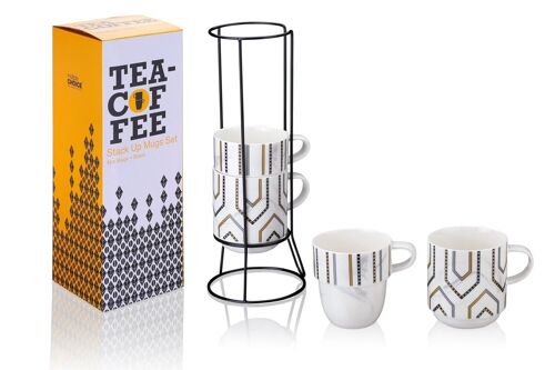 Art Deco, set of 4 mugs on the stand, New Bone China