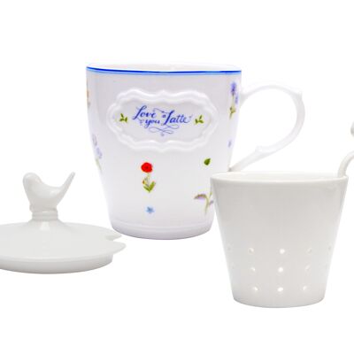 Taza Mademoiselle azul, Flores con filtro de porcelana New Bone