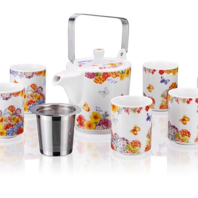 Teapot with 6 tea cups Flowers