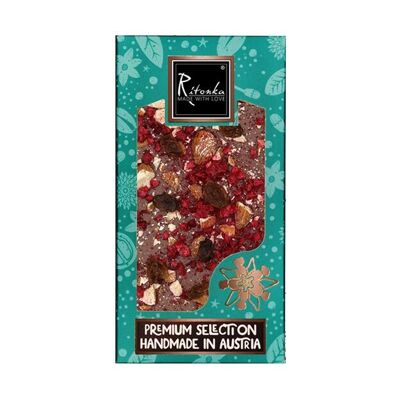 Premium milk chocolate raspberries, raisins, almonds