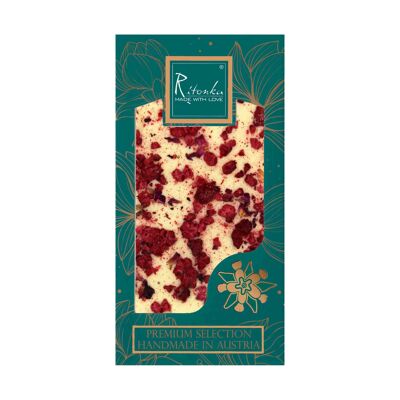 Cioccolato bianco premium, lamponi e petali di rosa