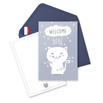 Carte & Enveloppe de félicitation | Carte naissance | Welcome bébé chat 1