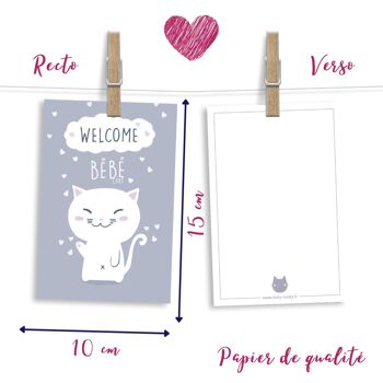 Carte & Enveloppe de félicitation | Carte naissance | Welcome bébé chat 2