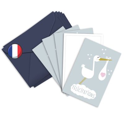 Carte & Enveloppe de félicitation | Carte naissance | Cigogne | Lot de 5 cartes et enveloppes