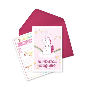 Cartes et enveloppes invitation anniversaire par 6 | Thème Licorne 3