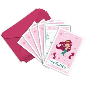 Cartes et enveloppes invitation anniversaire par 6 | Thème Princesse Sirène 2