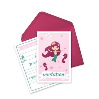 Cartes et enveloppes invitation anniversaire par 6 | Thème Princesse Sirène 3