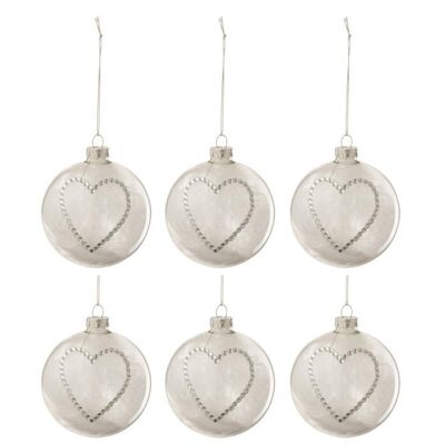 Caja de 6 bolas de navidad corazon strass plata pluma blanco cristal claro small
