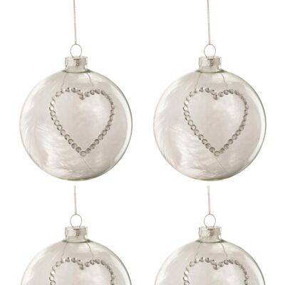 Caja de 4 bolas de navidad corazon strass plata pluma blanco cristal claro medium