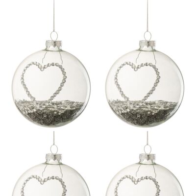 Caja de 4 bolas de navidad corazon strass plata estrellas cristal claro medium