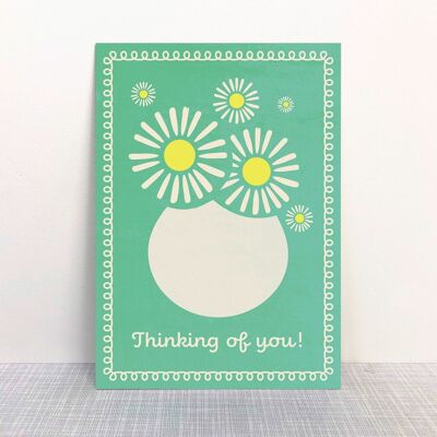 Carte postale "Je pense à toi" vase à fleurs