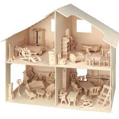 Wooden 3D puzzle dollhouse kit with furniture