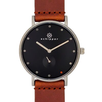 SCHIPPER ARGENT LIGNE SKALKA | NOIR | BRACELET EN CUIR MARRON ROUGE | 36MM