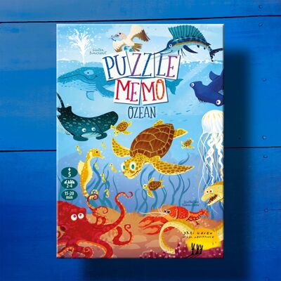 Puzzle Memo - OCÉANO INFINITO, juego infantil en 4 idiomas a partir de 5 años, con figuras de madera