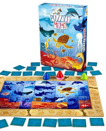 Puzzle Mémo - OCÉAN INFINI, jeu enfant en 4 langues à partir de 5 ans, avec figurines en bois 4