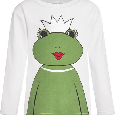 Frog Queen Kate, with a silver crown, glitter eyelashes and a chain. Printed on the front and back, long sleeves