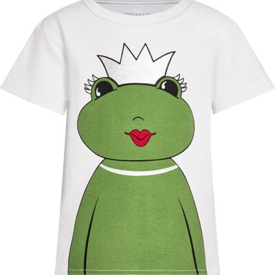 Frog Queen Kate, with a silver crown, glitter eyelashes and a chain. Printed on the front and back, short-sleeved