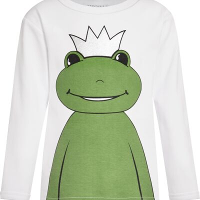 Frog King William, con una corona d'argento e un grande sorriso. Stampato sul davanti e sul retro, maniche lunghe