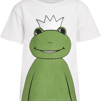 Frog King William, with a silver crown and a big smile. Printed on the front and back, short-sleeved