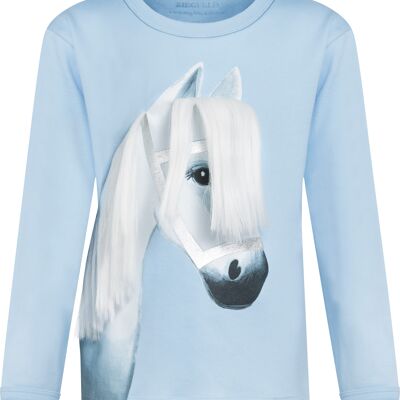 Horse Stella Shirt, white on blue, long