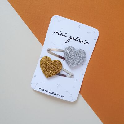 Gold and silver glitter heart hair clips