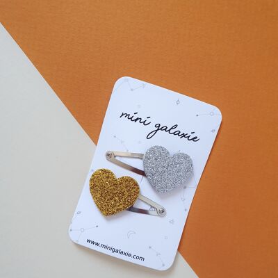 Gold and silver glitter heart hair clips