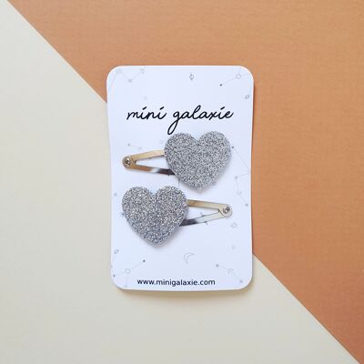 Silver heart glitter hair clips