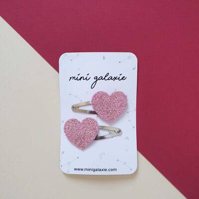 Pink heart glitter hair clips