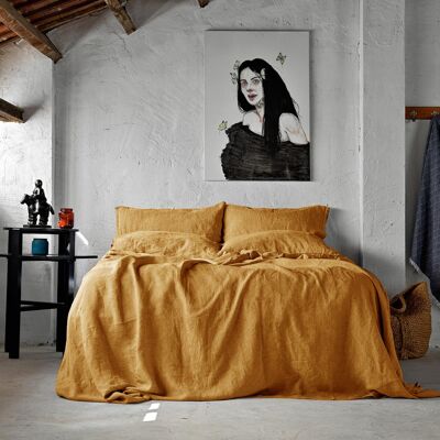 Stonewashed Linen Duvet Cover Set, Mustard - Super King Size