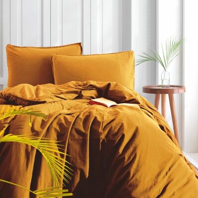 Stonewashed Cotton Duvet Cover Set, Mustard                       . - Super King Size