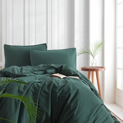 Stonewashed Cotton Duvet Cover Set, Dark Green - Double