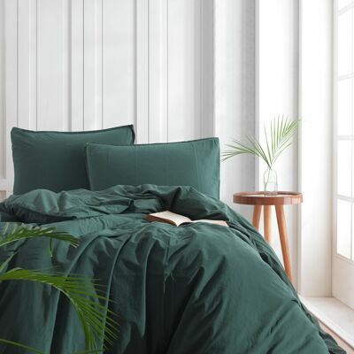 Ensemble de housse de couette en coton délavé, vert foncé - Très grand lit