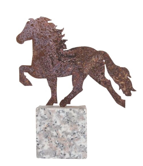 Decorative horse, rusted steel on granite rock.