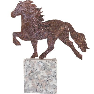 Decorative horse, rusted steel on granite rock.