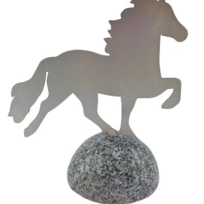 Decorative horse, stainless steel on polished granite stone