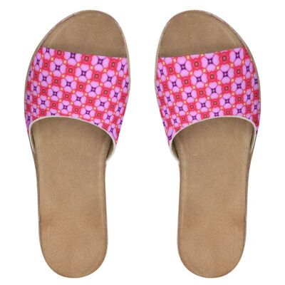 Pink floral pattern womens leather sliders