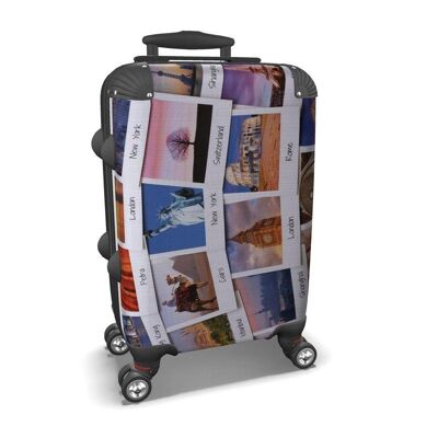 Assorted photos of travel destinations on a suitcase