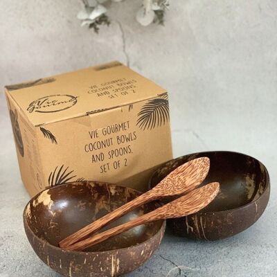 Cuencos y cucharas de coco sellados de primera calidad, juego de 2, empaquetados en una caja ecológica