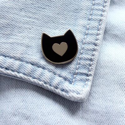 Pin de gato con corazón esmaltado - Negro y plata