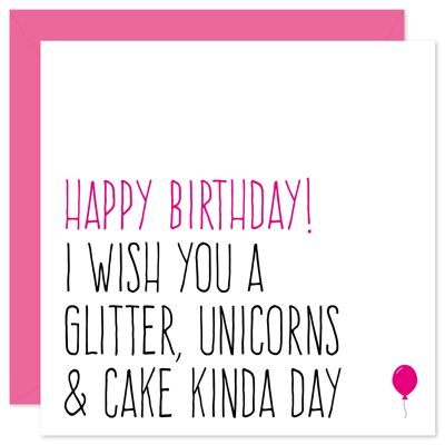 Tarjeta de cumpleaños con purpurina, unicornio y tarta