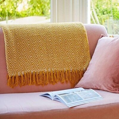 Woven Recycled Cotton Diamond Throw - Mustard