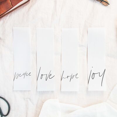 Boho Set of Bookmarks | Vellum Word Bookmark | Bible Verse Journaling | Simple, Beautiful, Cute, Minimalist | Peace, Love, Joy, Hope