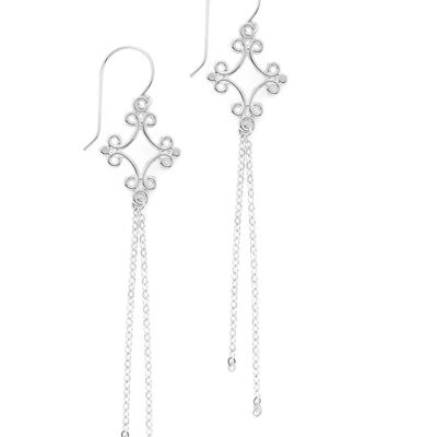 Long-length rhodium plated filigree earrings