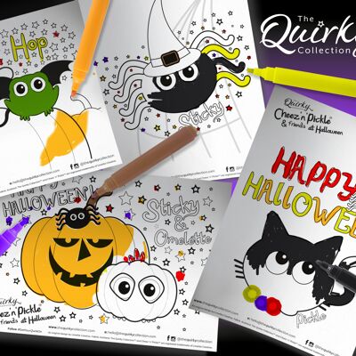 12 Downloadable Cheez 'n' Pickle & friends Halloween Colouring In Sheets