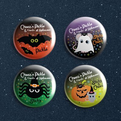 Set of 4 Cheez 'n' Pickle & friends 38mm Halloween Button Badges