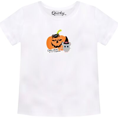 100% Cotton Crew Neck Toddler's Halloween T-shirt featuring Sticky and Cheez with Pumpkin - 1-2 UK Kids White