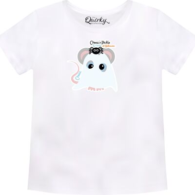 100% Cotton Crew Neck Toddler's Halloween T-shirt featuring Cheez Ghost Mouse - 1-2 UK Toddler's White